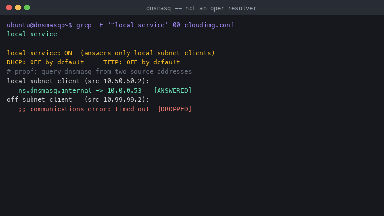 the shipped configuration confirming local-service is ON so dnsmasq answers only local subnet clients, DHCP is OFF by default and TFTP is OFF by default, proving the image is not an open resolver and ships no rogue DHCP or open TFTP service