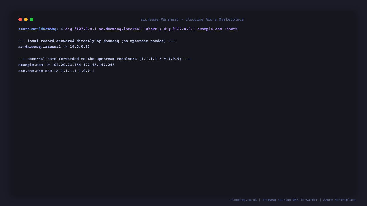 dig for the local record ns.dnsmasq.internal returns 10.0.0.53 answered directly by dnsmasq, and dig for the external name example.com returns a forwarded answer from the upstream resolvers, confirming the caching forwarder works