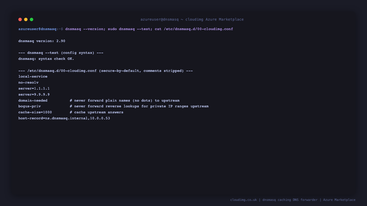 dnsmasq version 2.90 reported, dnsmasq test returns syntax check OK, and the 00 cloudimg conf file shows local-service, no-resolv with upstreams 1.1.1.1 and 9.9.9.9, domain-needed, bogus-priv, a cache size, and the local host-record, with DHCP and TFTP commented out