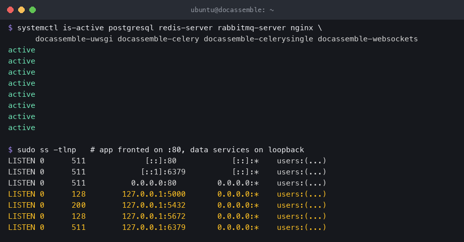 docassemble services active, with PostgreSQL, Redis and RabbitMQ on loopback and nginx on port 80