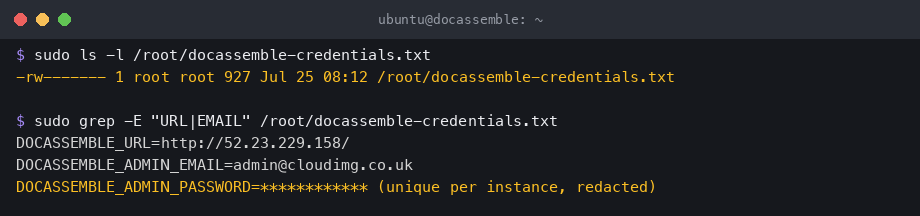 The per-instance credentials file with the password redacted