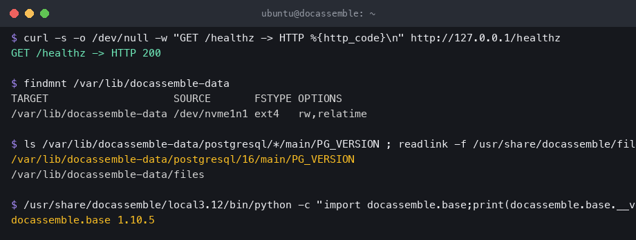 The health endpoint returning 200 and the PostgreSQL cluster and file store on the dedicated data volume