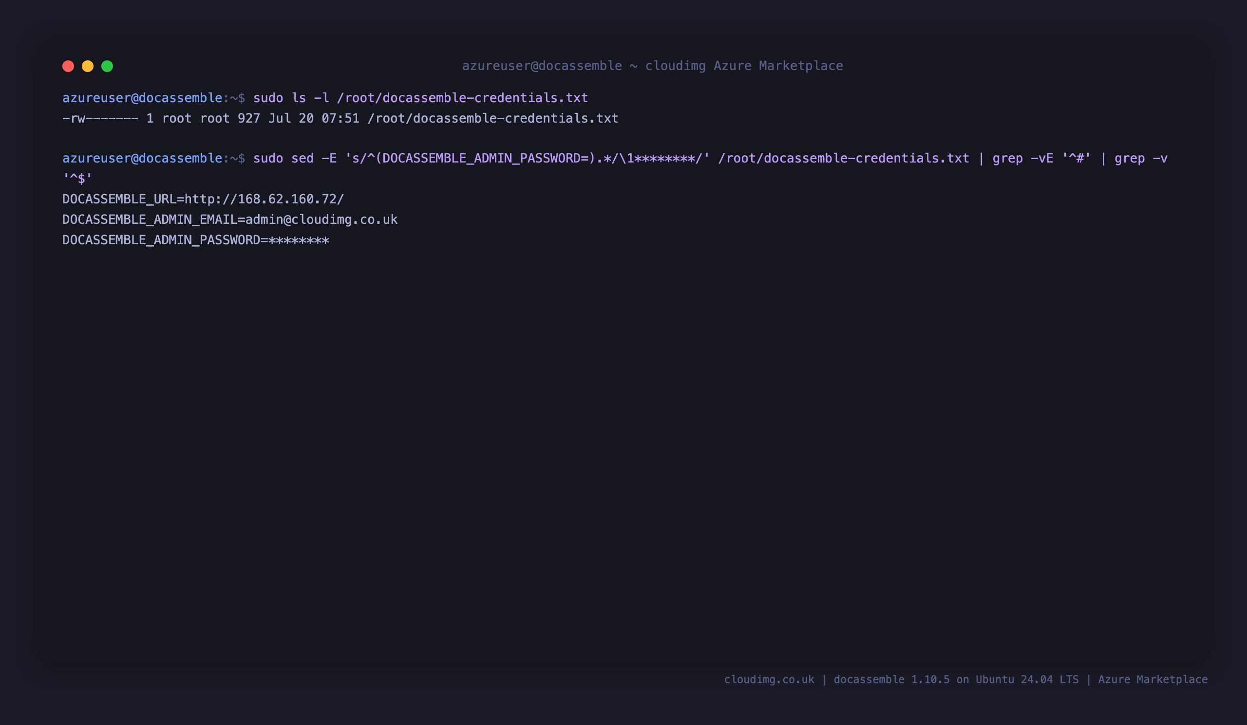 The per VM credentials file with the password redacted