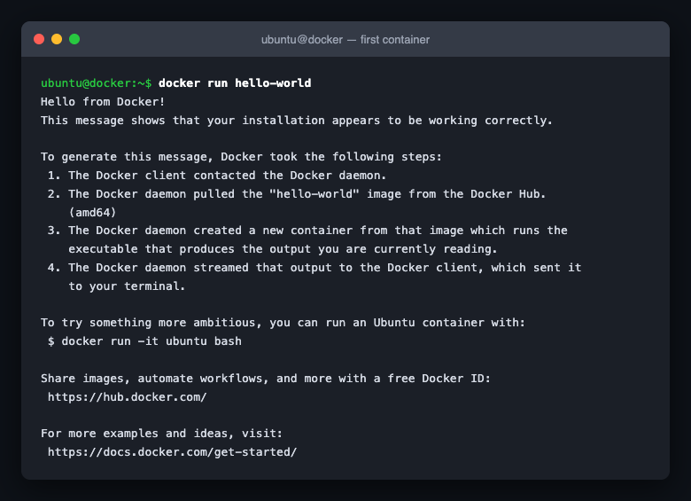 Running the hello-world container on Docker Engine