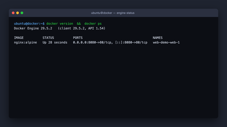 Docker Engine version and running containers