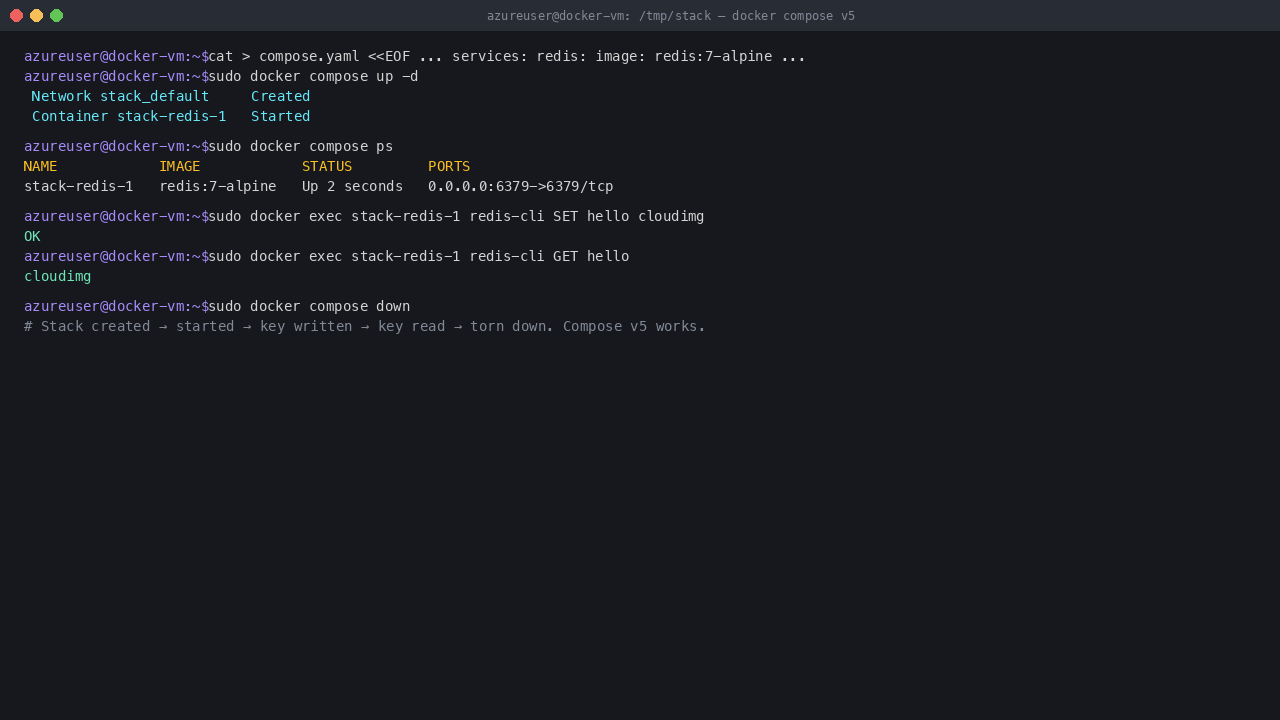 docker compose v5 stack: redis:7-alpine container running on :6379, redis-cli SET/GET round-trip
