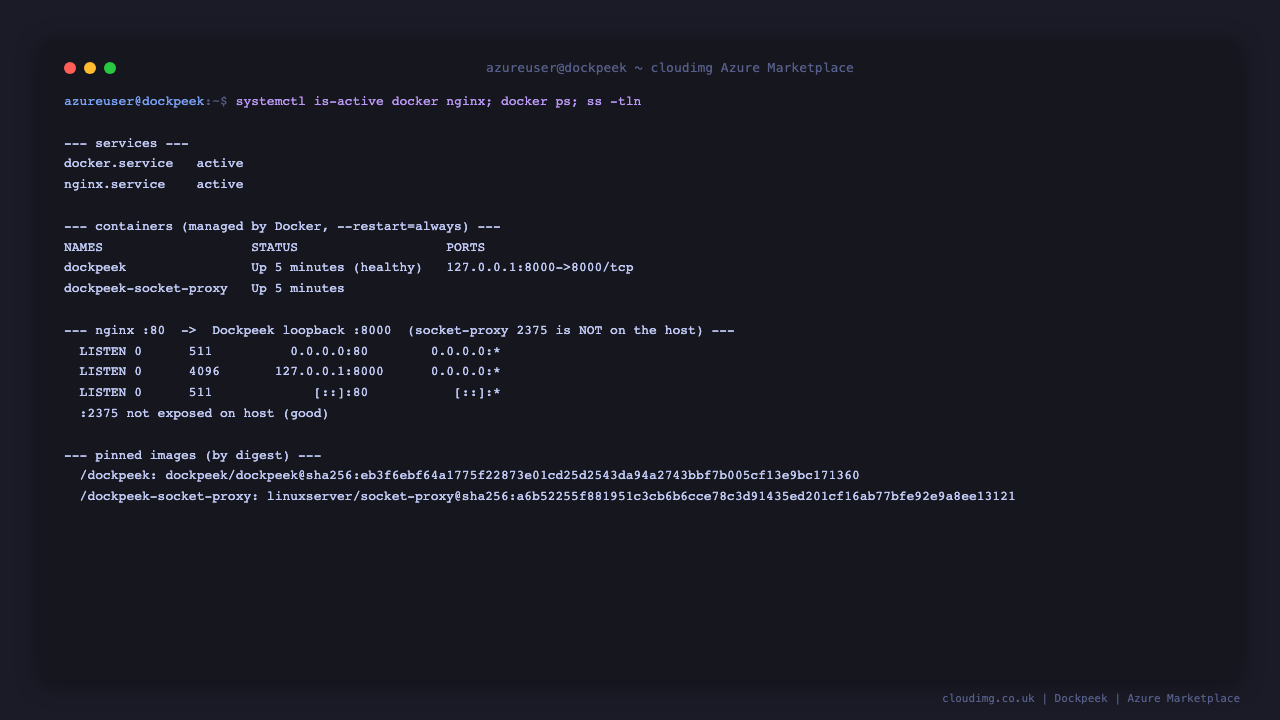 docker.service and nginx.service active, the dockpeek and dockpeek-socket-proxy containers running, and nginx fronting the loopback connector 8000