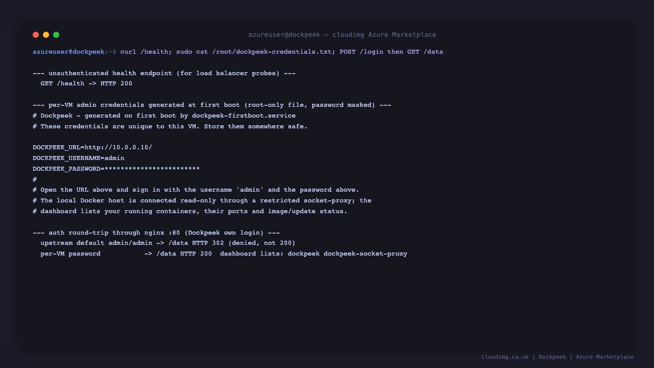 The health endpoint returning 200, the per-VM credentials file, the upstream default admin/admin denied, and the per-VM password listing the host's containers