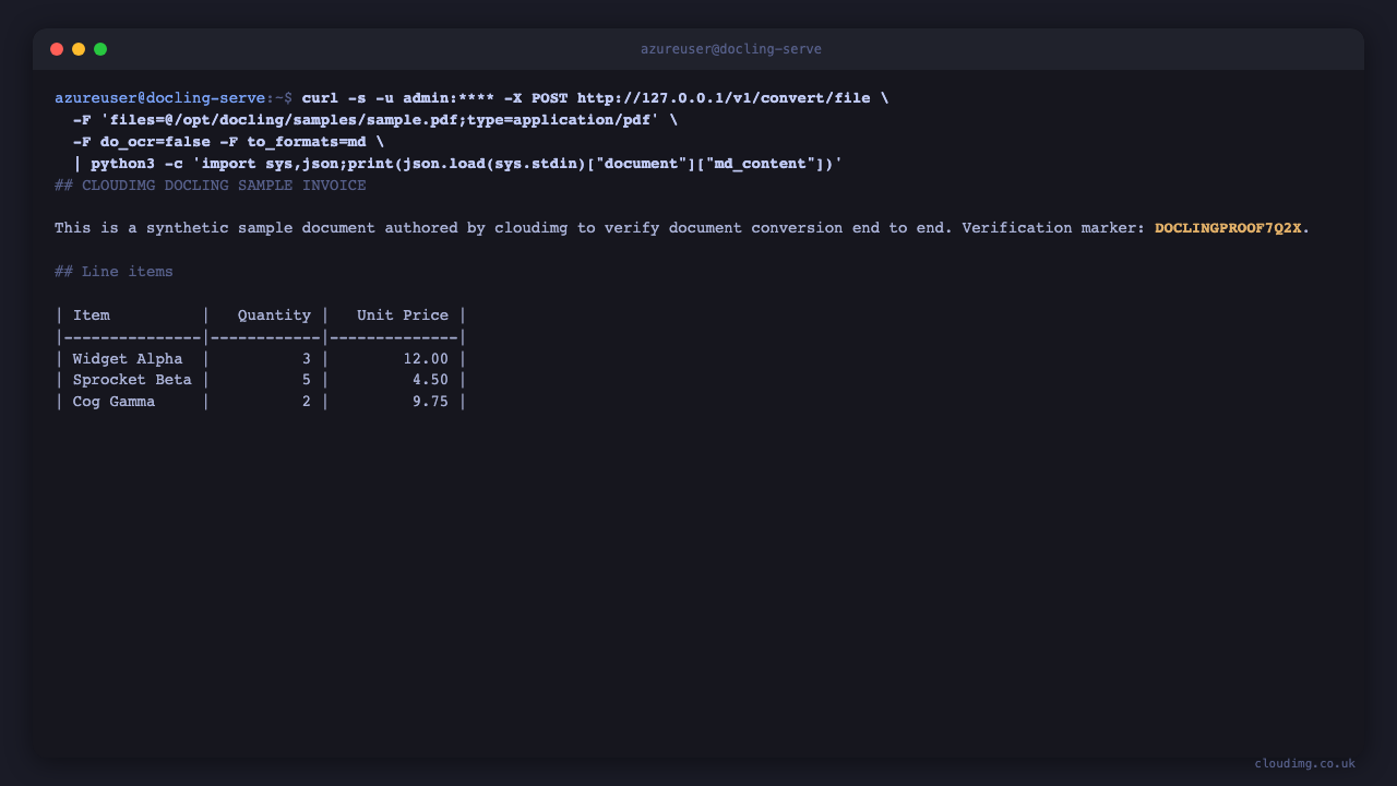 A real conversion of the sample PDF returning structured Markdown that contains the document title, the verification marker and a reconstructed Markdown table, proving the baked layout and table models produced structure and not just plain text