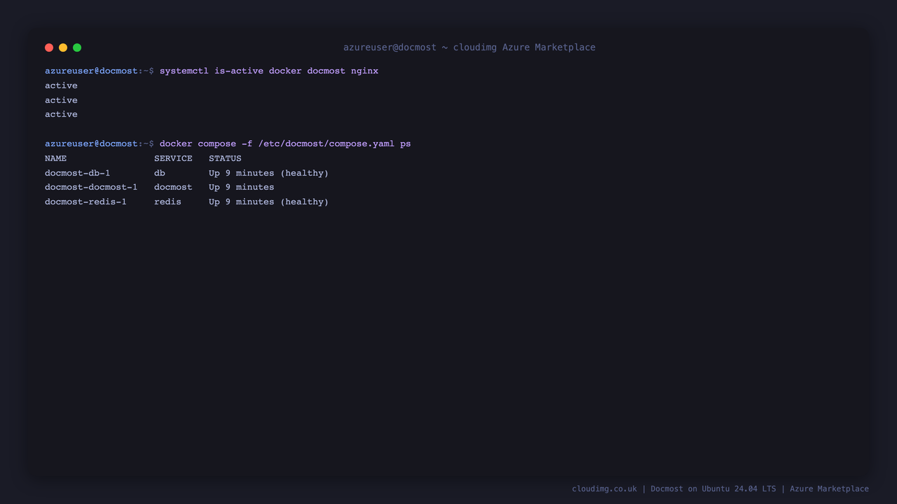 systemctl reporting docker, docmost and nginx active, and the three containers running and healthy under Docker Compose