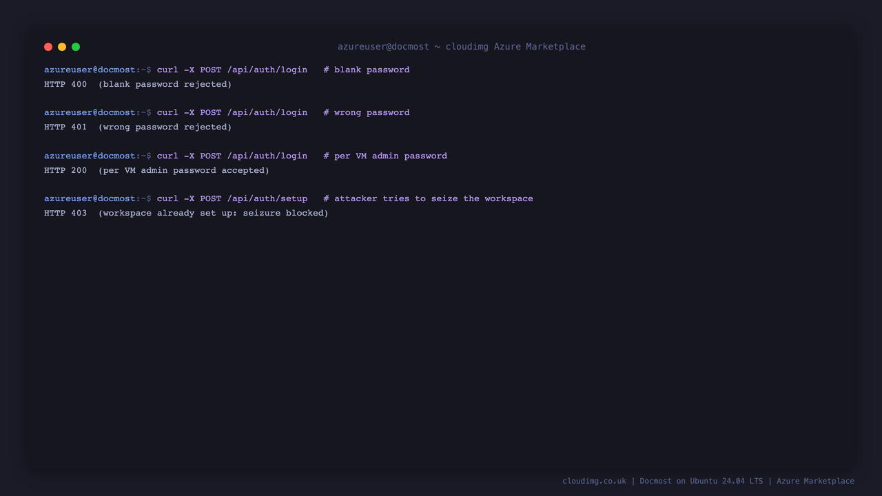A blank password login returns HTTP 400 and a wrong password returns HTTP 401, the per VM admin password returns HTTP 200, and a second setup attempt returns HTTP 403 because the workspace is already claimed