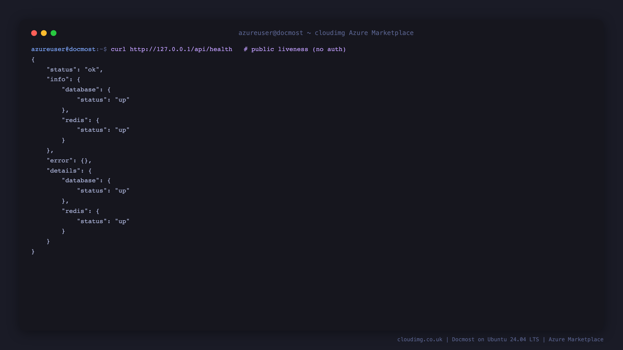 The public health endpoint reporting status ok with the bundled database and Redis both up