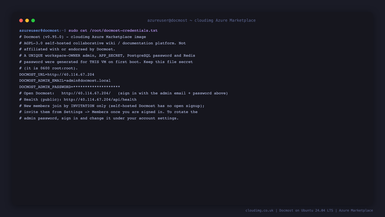 The per VM access notes, with the workspace URL, admin email and the admin password masked