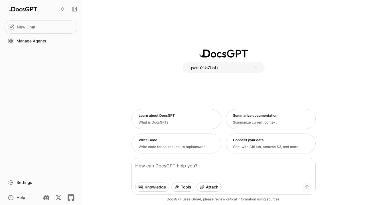 The DocsGPT chat home with the bundled local model qwen2.5:1.5b selected and ready, before any setup