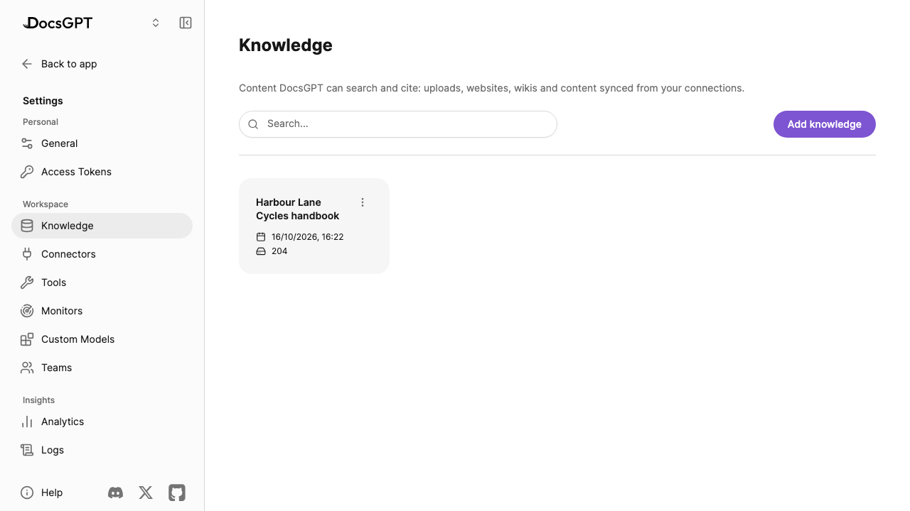 The Knowledge page listing the uploaded Harbour Lane Cycles handbook, indexed and ready to search