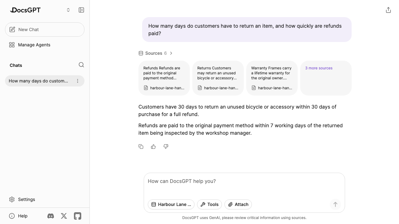 A question about returns and refunds answered from the handbook by the local model, with the source passages it used shown above the answer