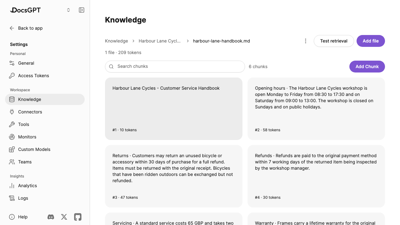 The handbook's six indexed chunks, including the returns and refunds sections, with their token counts