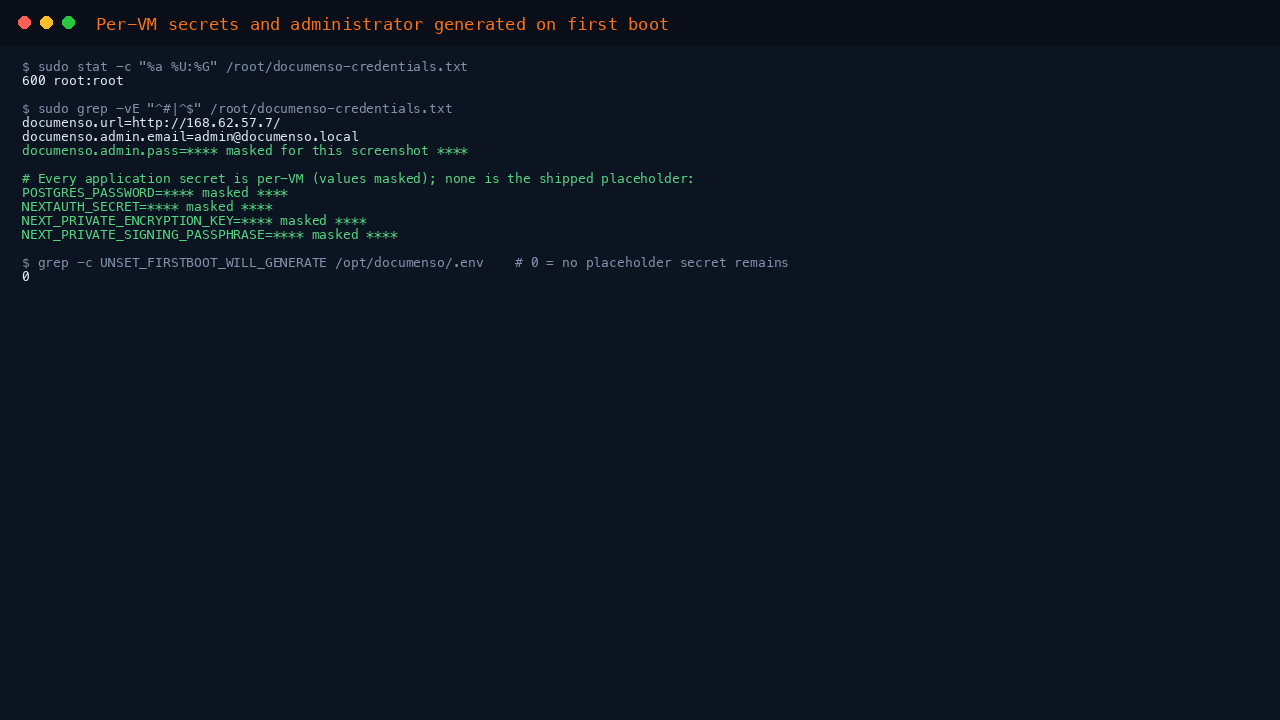 The credentials file reported at mode 600 owned by root, the administrator e mail, and every application secret confirmed rotated to a per VM value with no placeholder remaining