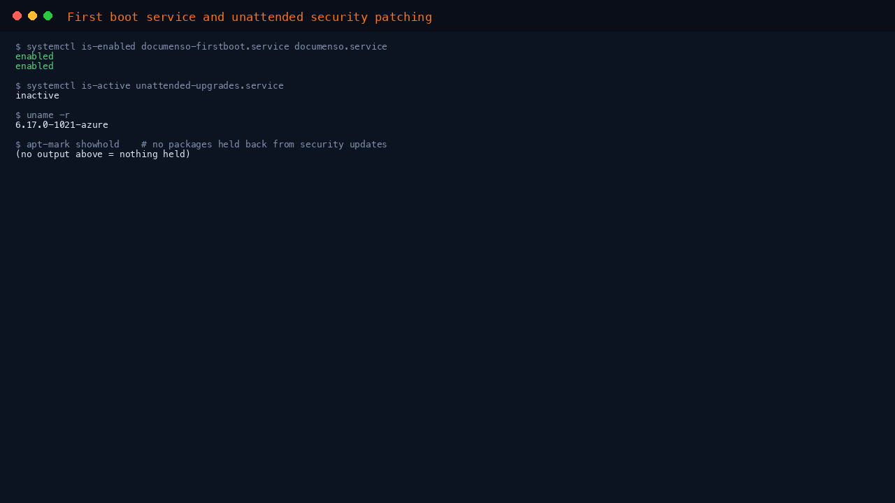 The first boot and application services enabled, unattended-upgrades active for security patching, the running kernel, and no held packages