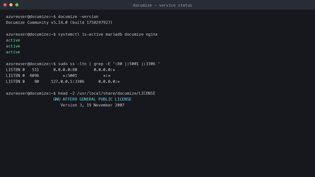 Documize, MariaDB and nginx active; the Documize server and MariaDB are on loopback, and the AGPL-3.0 licence ships with the image