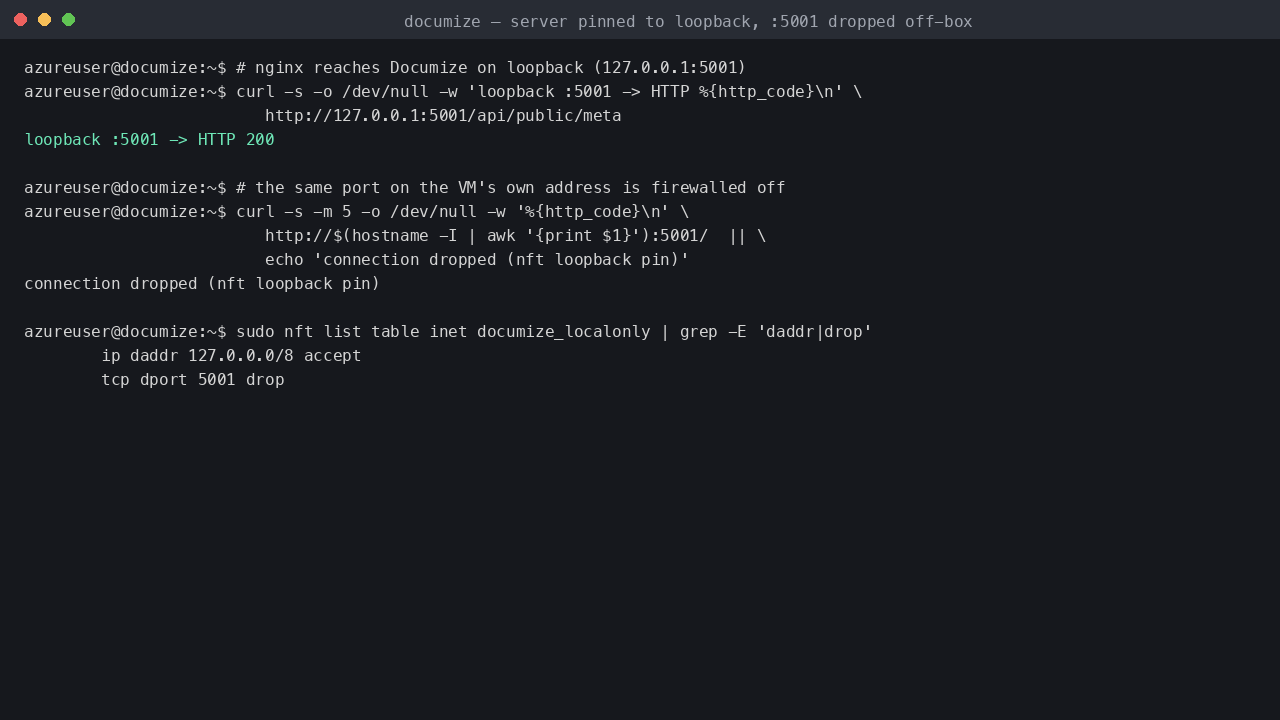 The Documize server answers on 127.0.0.1:5001 but is dropped on the VM's own address, and the nftables rule accepts only loopback-destined traffic