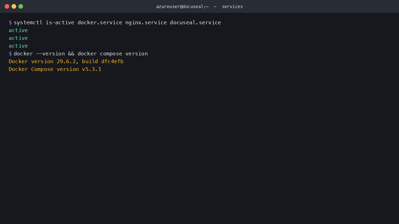 Docker, nginx and DocuSeal systemd services all reporting active with the Docker Engine version