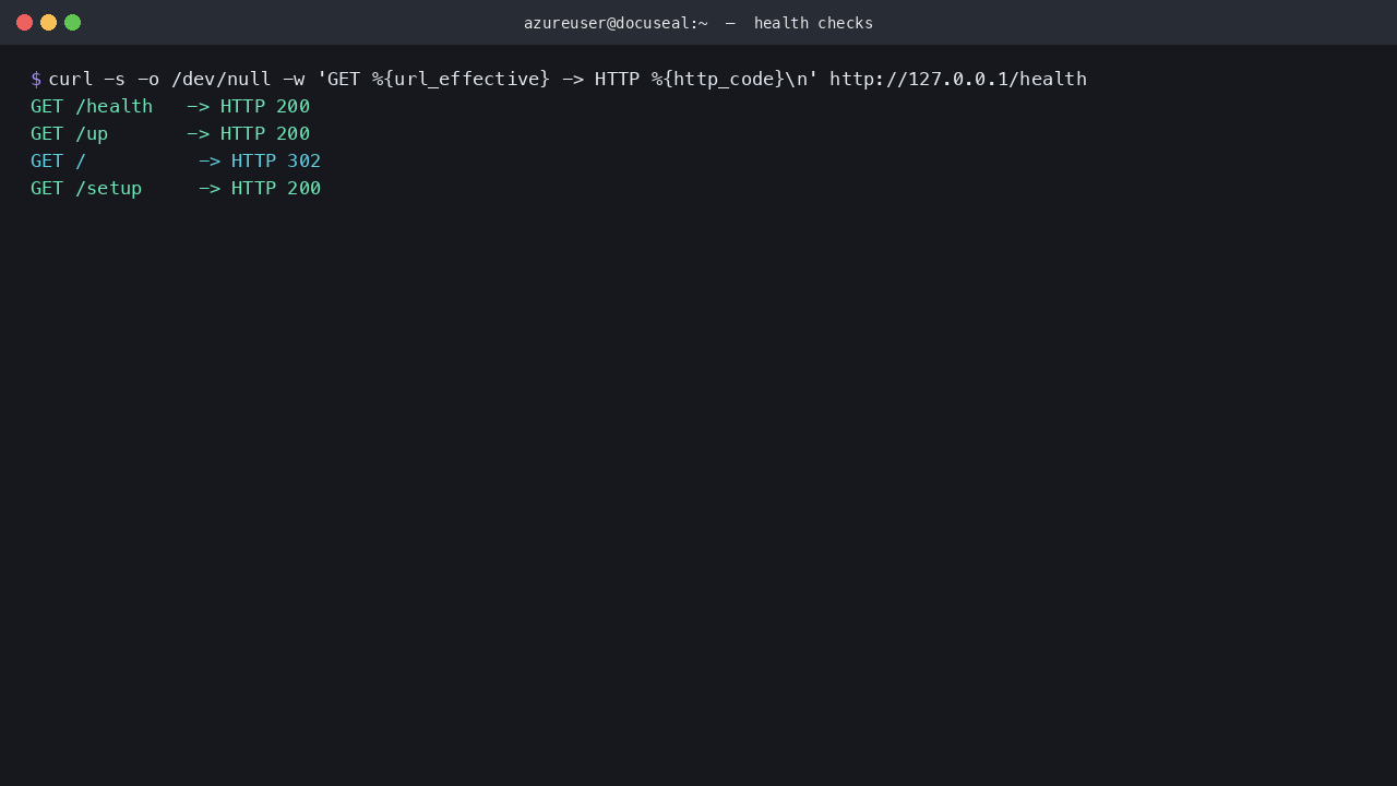 DocuSeal health and readiness endpoints returning HTTP 200 through nginx