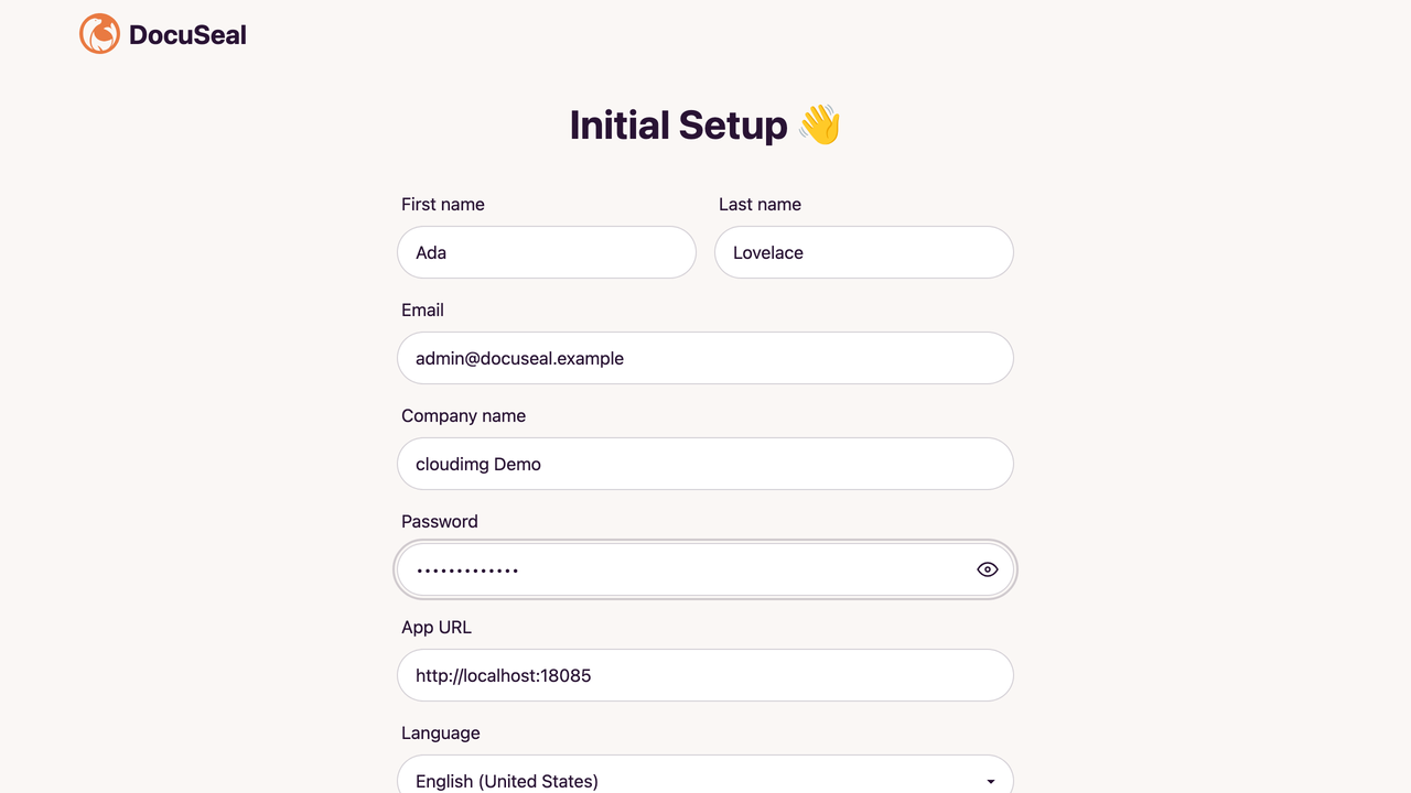 The DocuSeal first run setup wizard creating the first administrator account