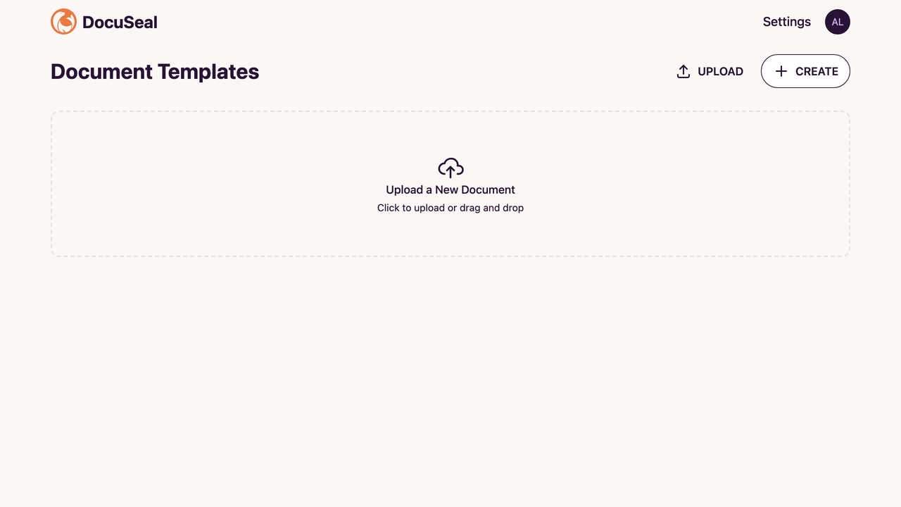 The DocuSeal document templates dashboard with the upload area