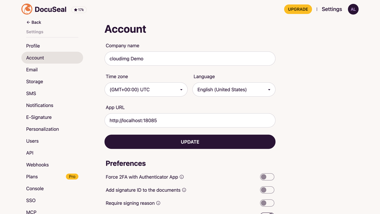 The DocuSeal account settings console