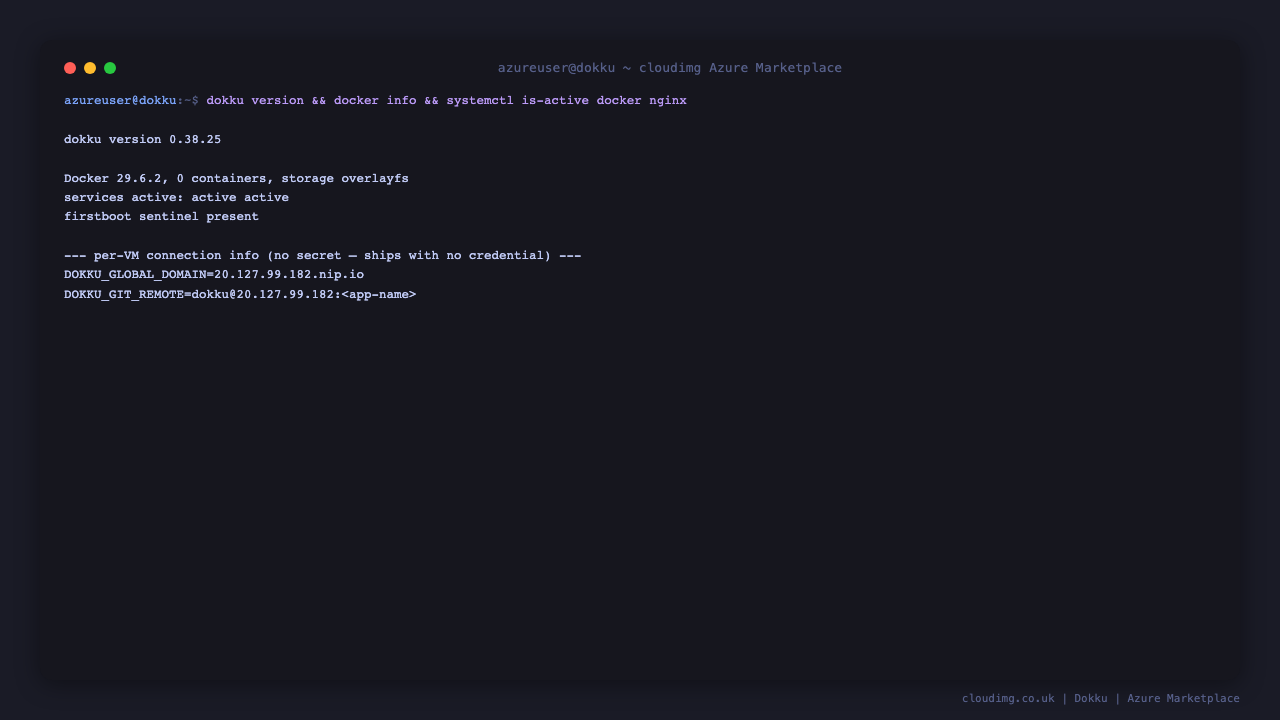 Dokku, Docker and nginx healthy with the first boot complete on Ubuntu 24.04