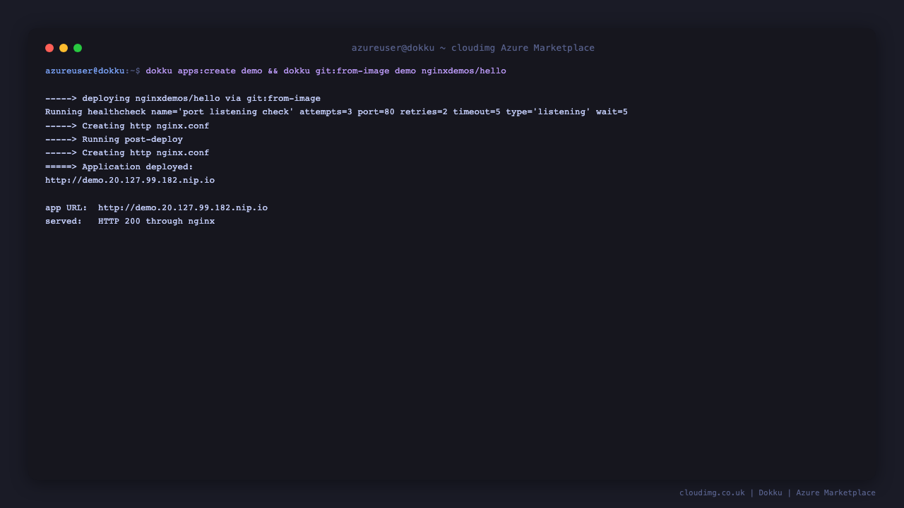 A first app deployed on Dokku and served through nginx with HTTP 200