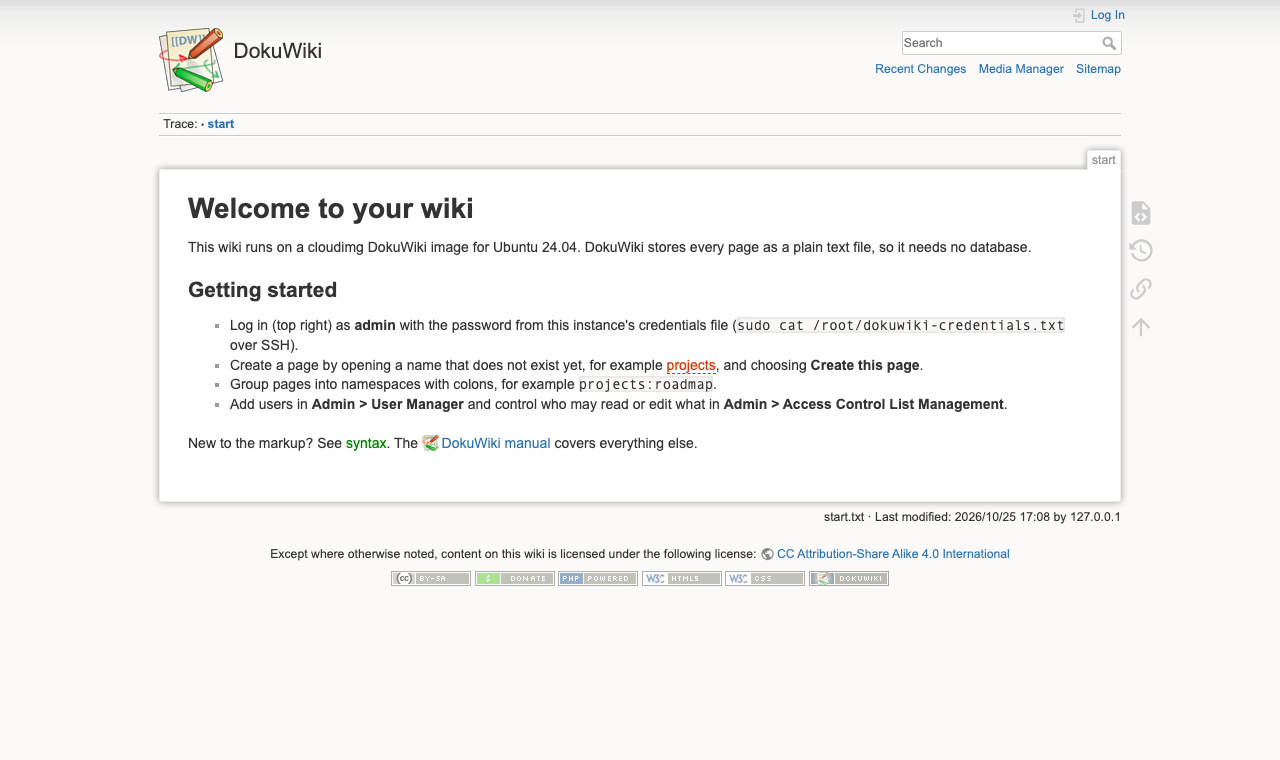 The DokuWiki start page Welcome to your wiki with the Getting started list, the search box and the Recent Changes, Media Manager and Sitemap links
