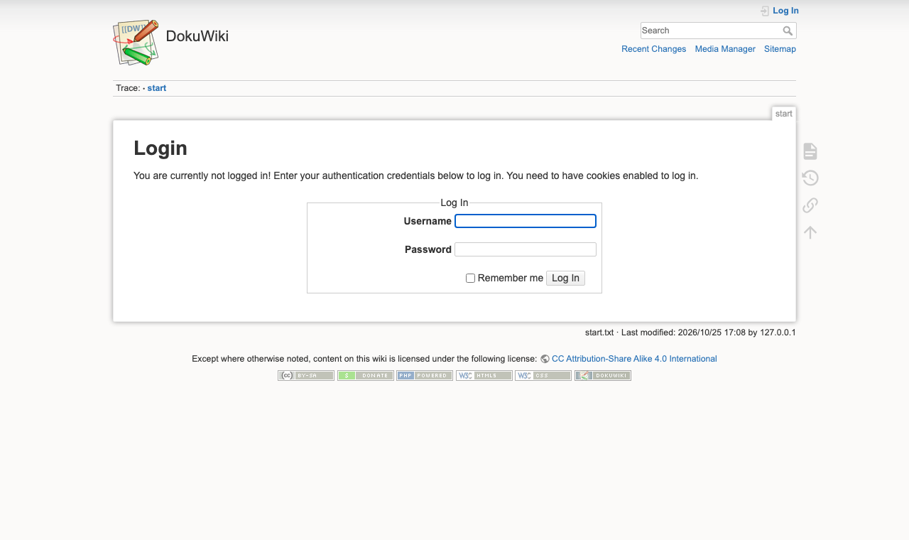 The DokuWiki Login form with the Username and Password fields, the Remember me option and the Log In button