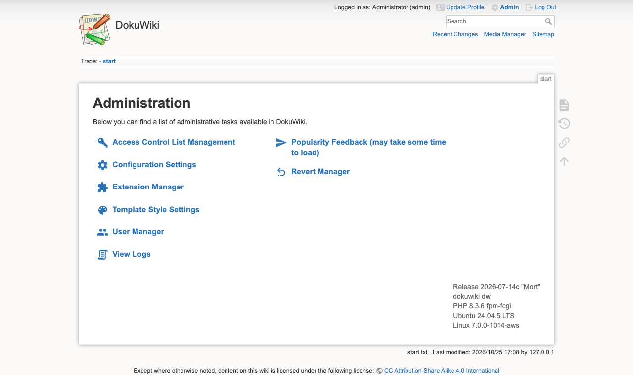 The DokuWiki Administration page listing Access Control List Management, Configuration Settings, Extension Manager, Template Style Settings, User Manager, View Logs, Popularity Feedback and Revert Manager, with the release 2026-07-14c Mort