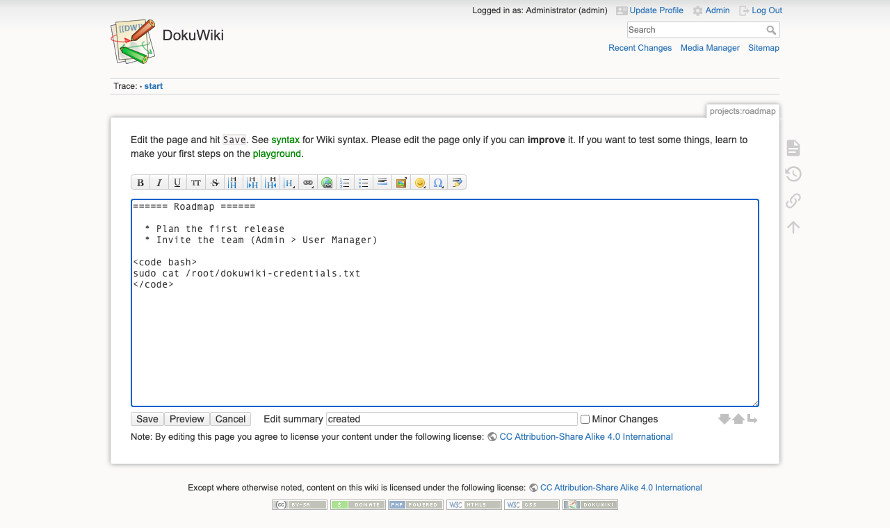 The DokuWiki editor for the page projects:roadmap with the toolbar, a heading, a bulleted list and a code block, and the Save, Preview and Cancel buttons
