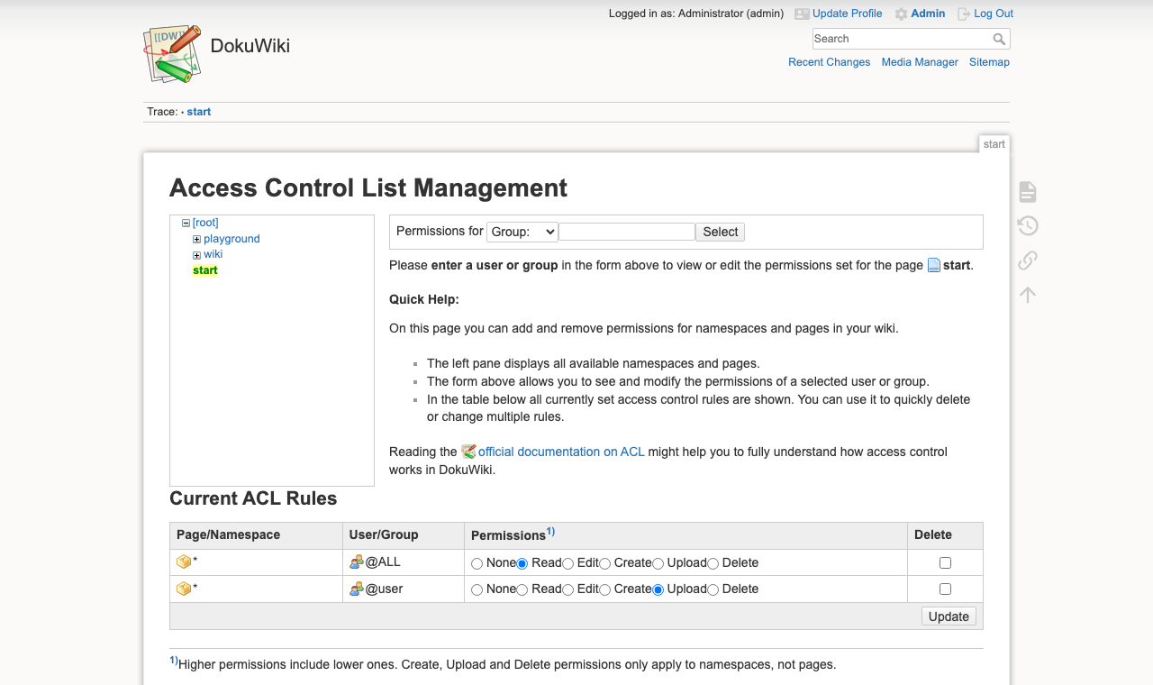 The DokuWiki Access Control List Management page with the namespace tree and the current rules: * @ALL Read and * @user Upload