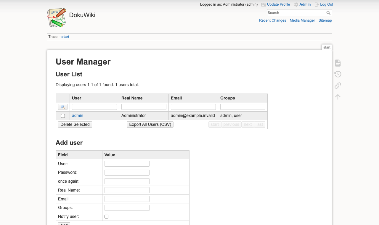 The DokuWiki User Manager listing the admin user (Administrator, admin@example.invalid, groups admin and user) and the Add user form