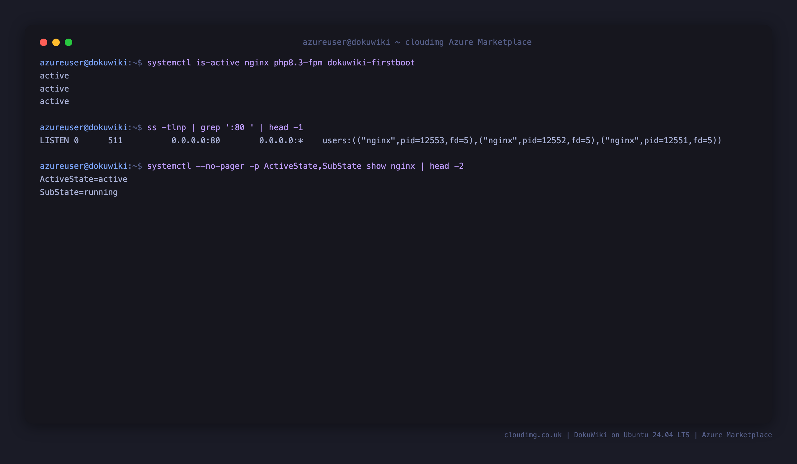 nginx, php8.3-fpm and the dokuwiki-firstboot service active, with nginx listening on port 80