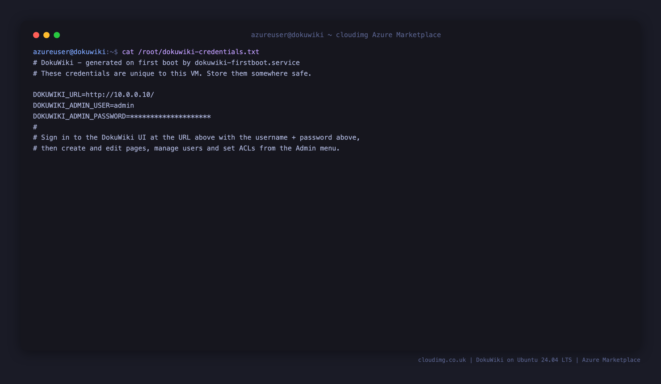 The per VM DokuWiki admin credentials file, with the generated password