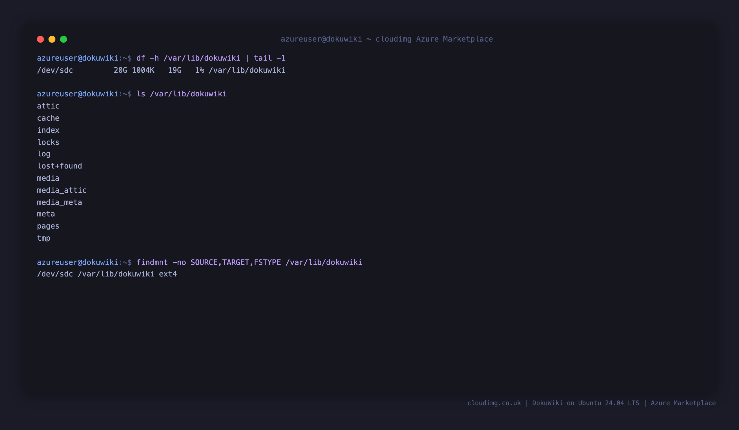 The DokuWiki savedir on the dedicated ext4 data disk, listing the pages, media, meta and index directories