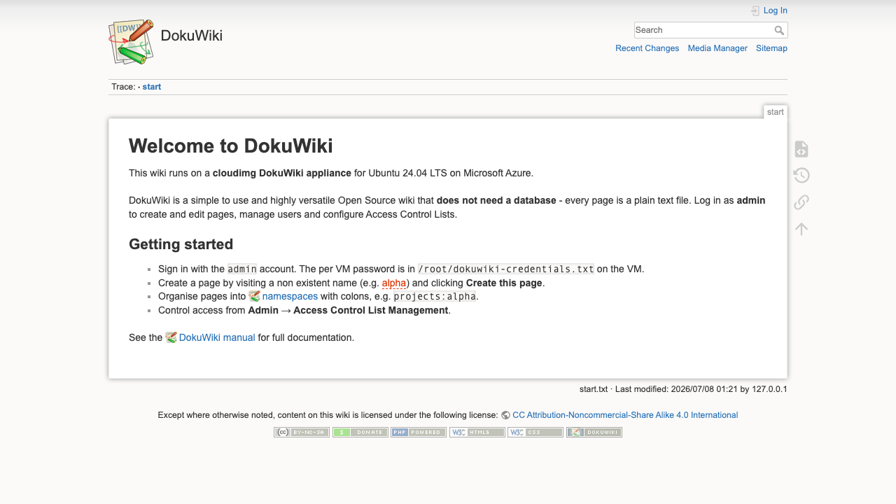 The DokuWiki start page rendered in the browser