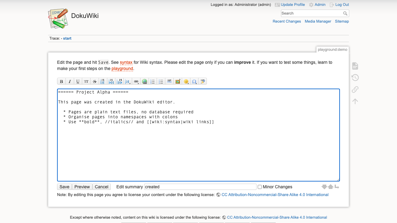 Creating a page in the DokuWiki editor