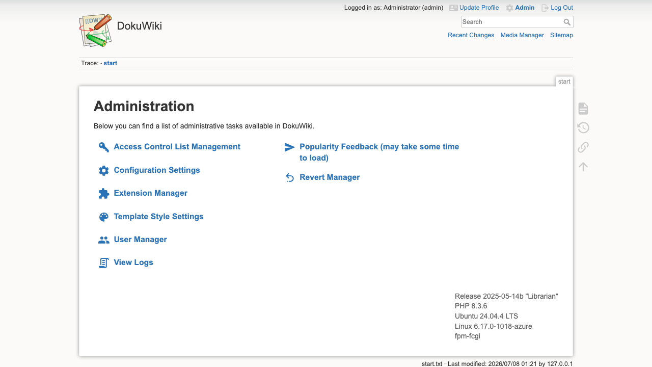 The DokuWiki administration panel with user and ACL management