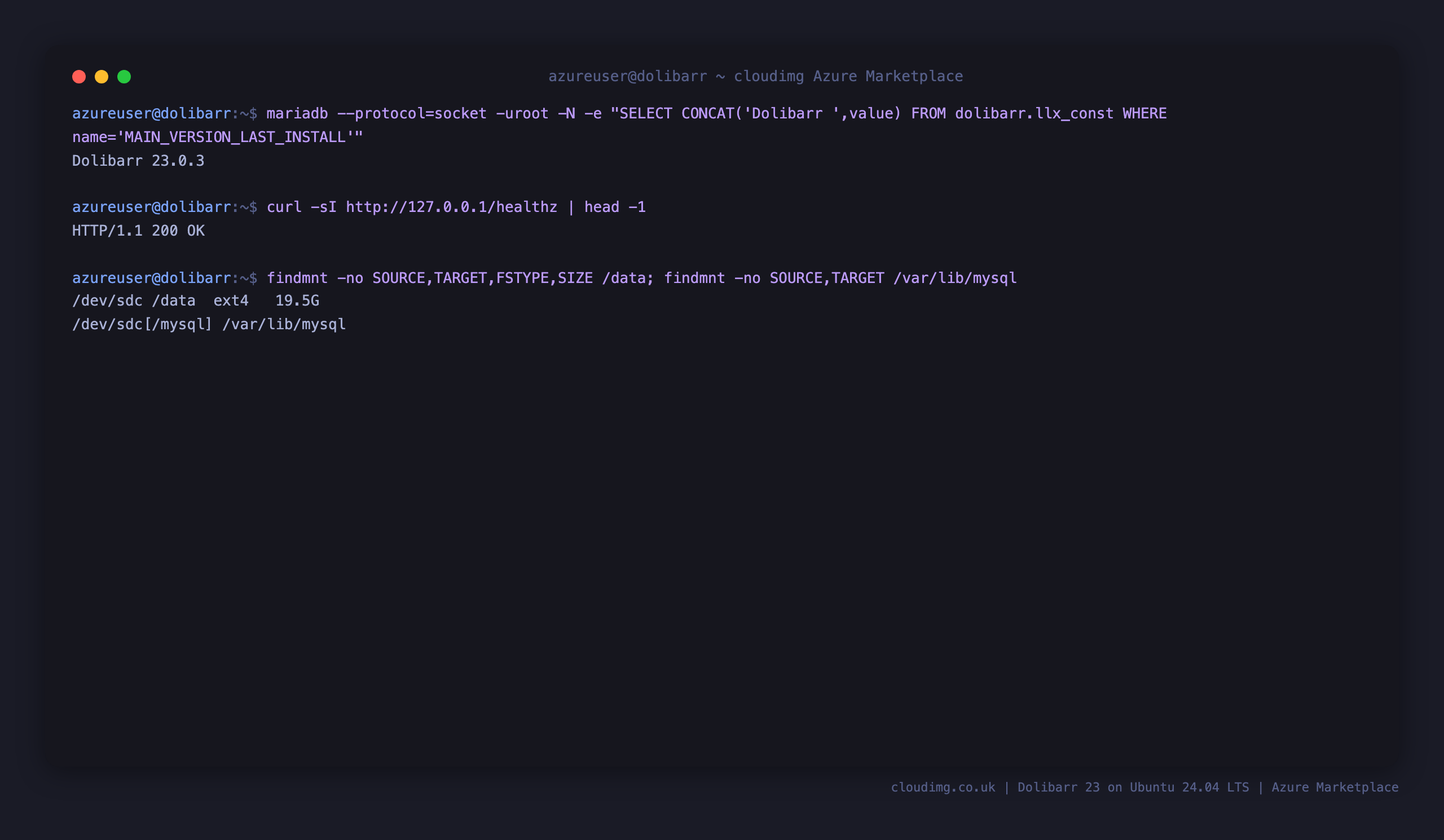 The installed Dolibarr version, the healthz endpoint returning 200, and the ext4 data disk mounted at /data and bind mounted onto /var/lib/mysql