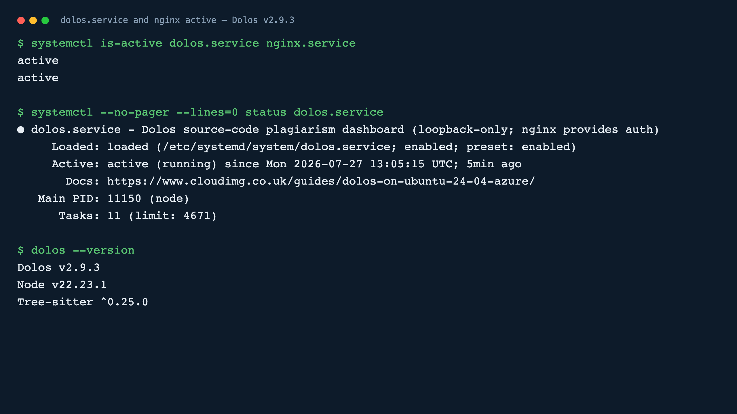 The dolos and nginx services reporting active, with Dolos v2.9.3 running on Node 22