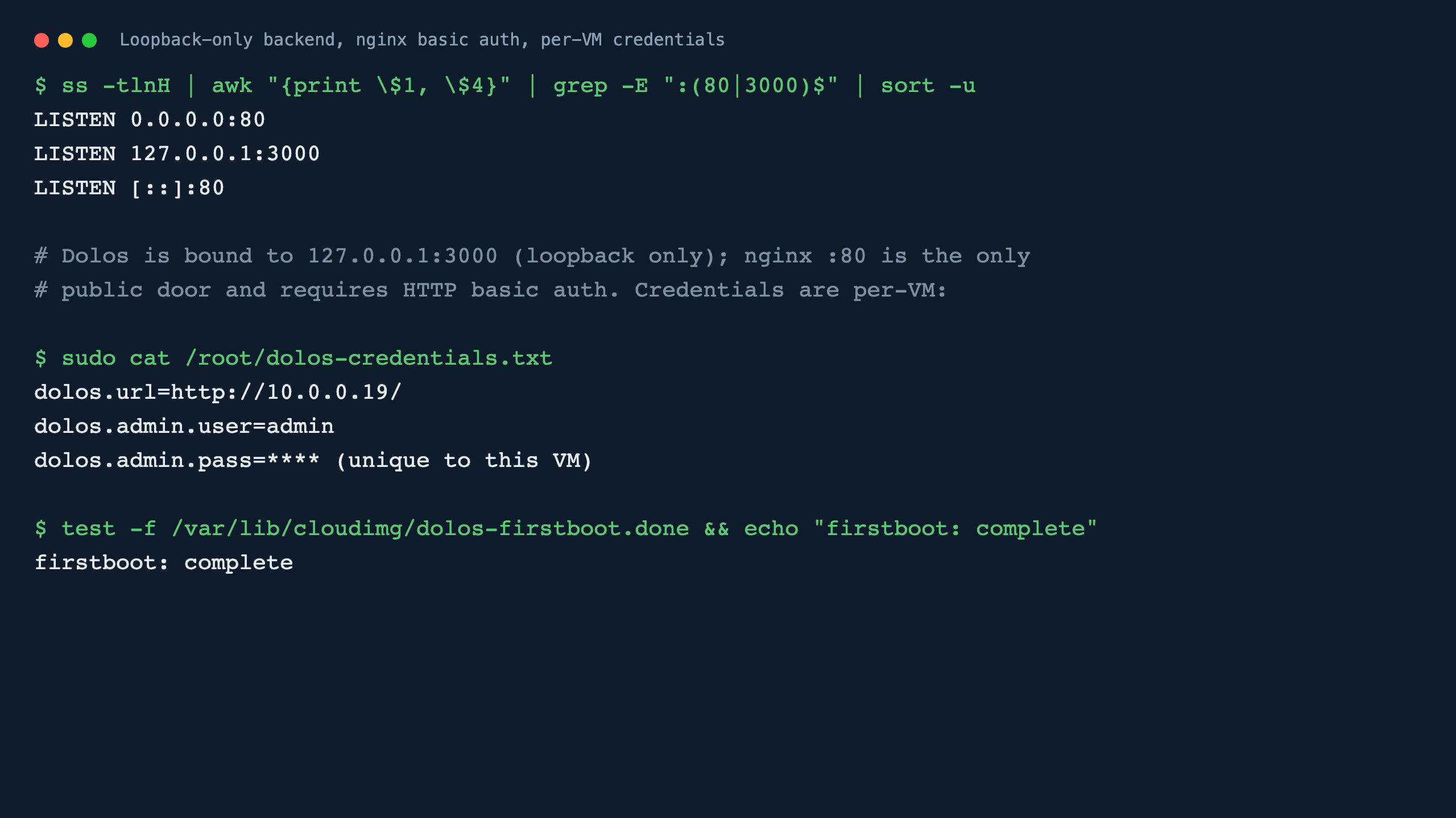 The Dolos server bound to loopback only, nginx on port 80, and the per-VM credentials file written by first boot