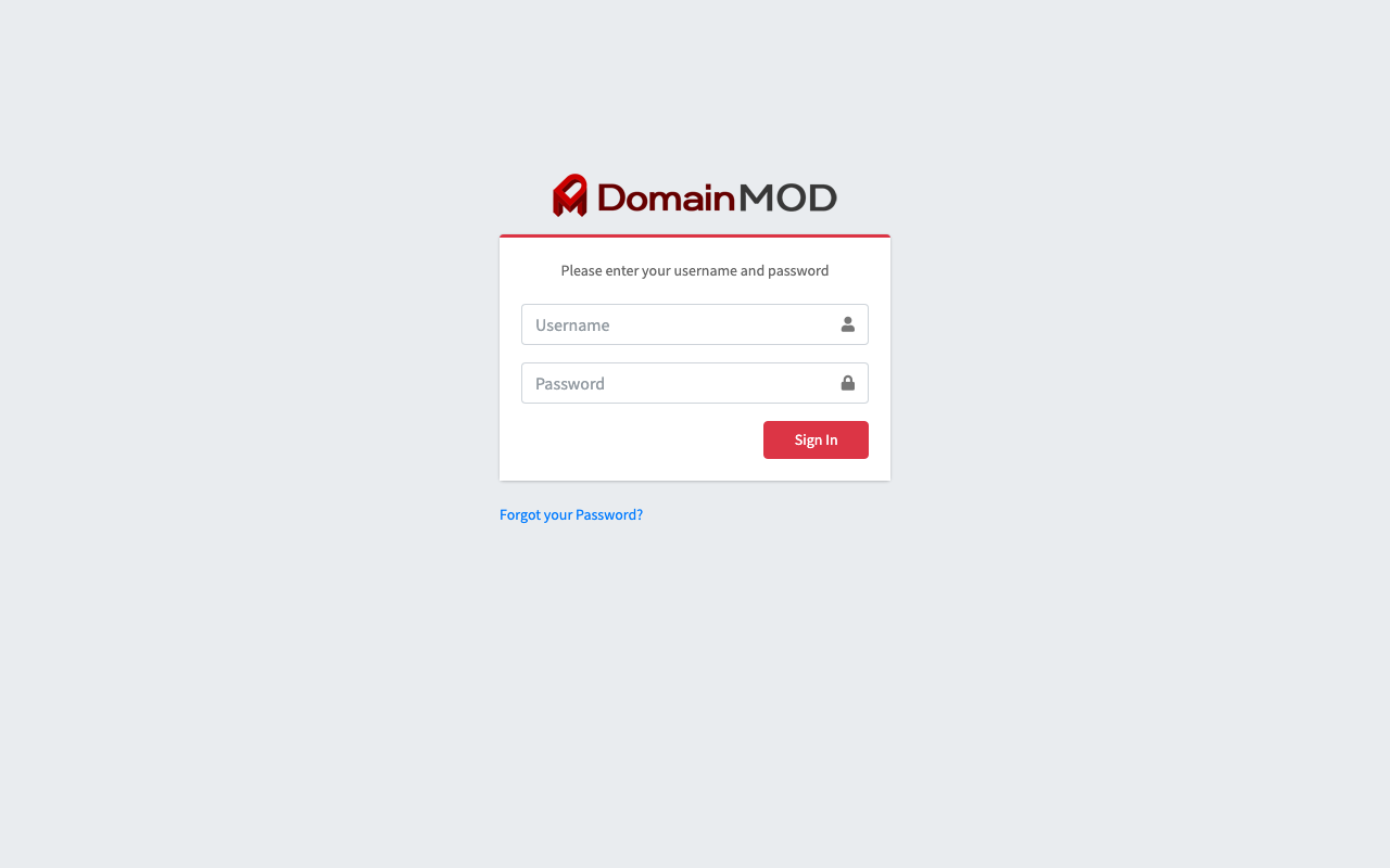 The DomainMOD sign in page with the Username and Password fields and the Sign In button