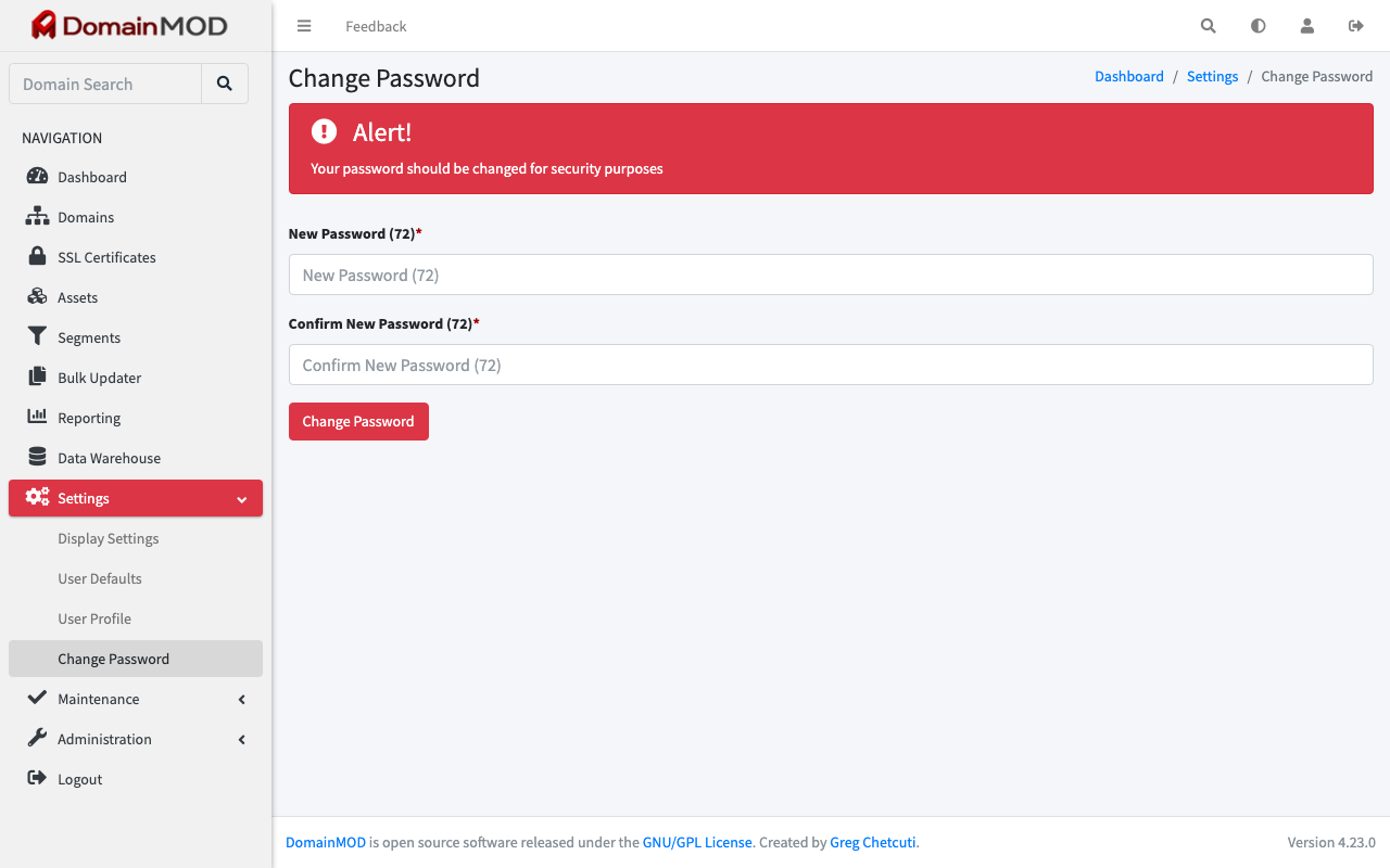 The DomainMOD Change Password page with the alert that the password should be changed for security purposes and the New Password and Confirm New Password fields