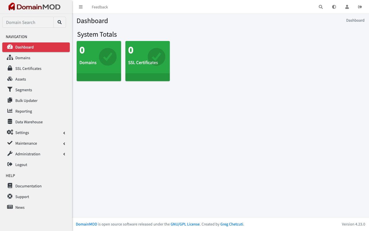 The DomainMOD dashboard with the System Totals tiles for domains and SSL certificates, the navigation sidebar and version 4.23.0 in the footer